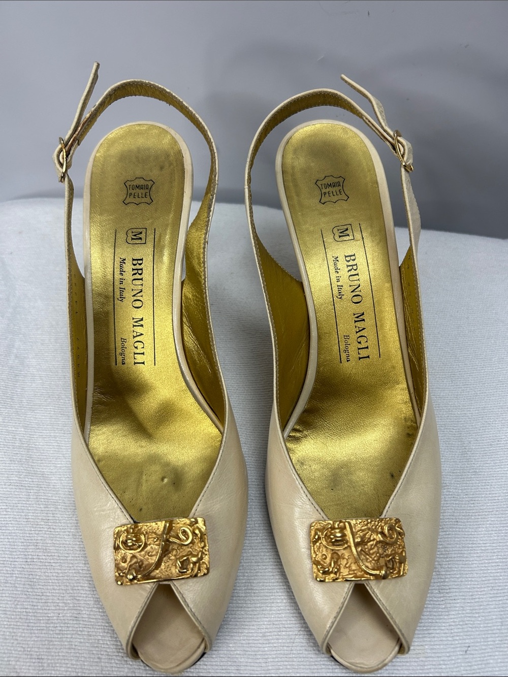 Bruno Magli Beige Peep-Toe Slingback Heels with Gold Ornament